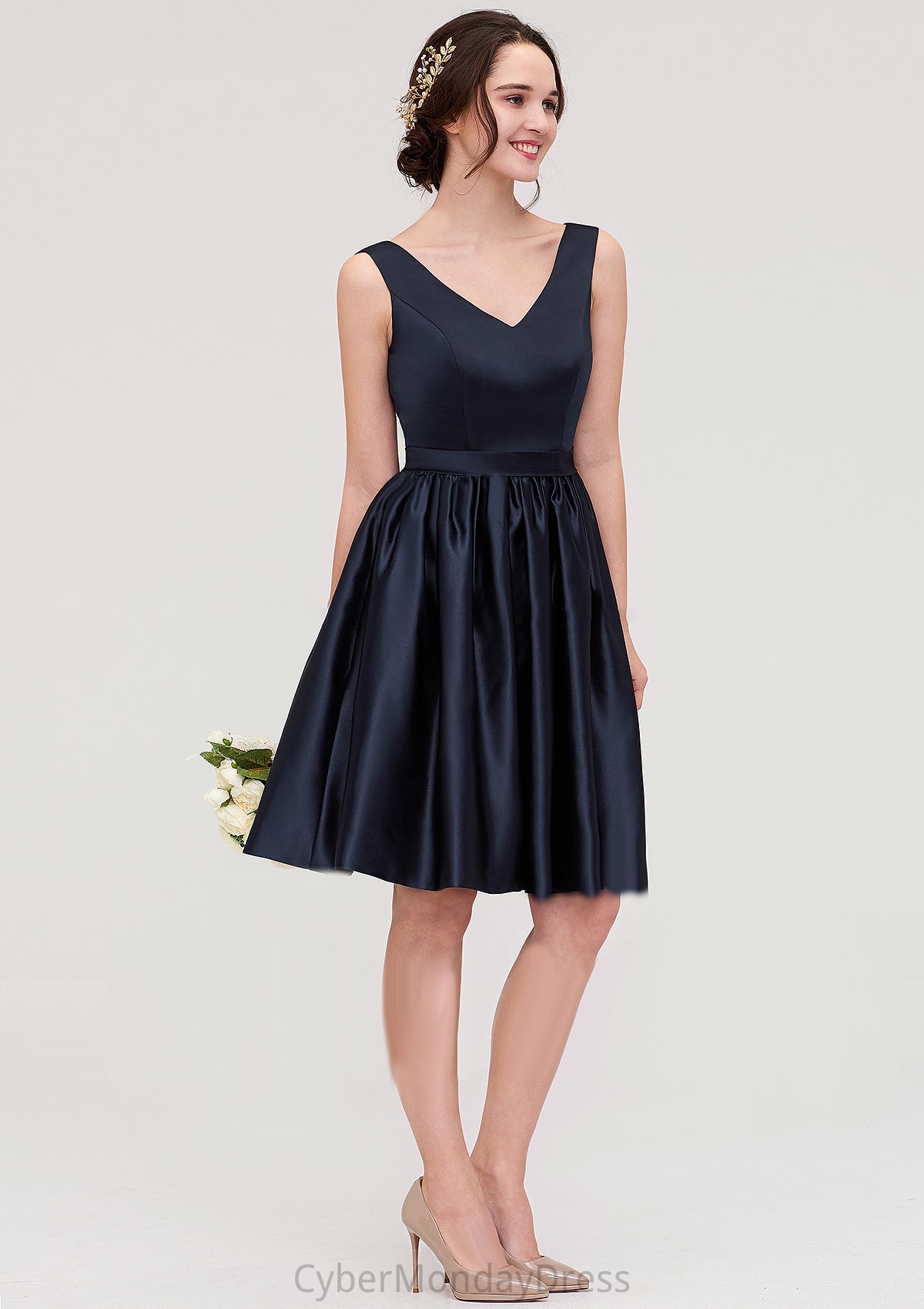 V Neck Sleeveless A-line/Princess Knee-Length Satin Bridesmaid Dresses With Pleated Kaylie DTP0025433