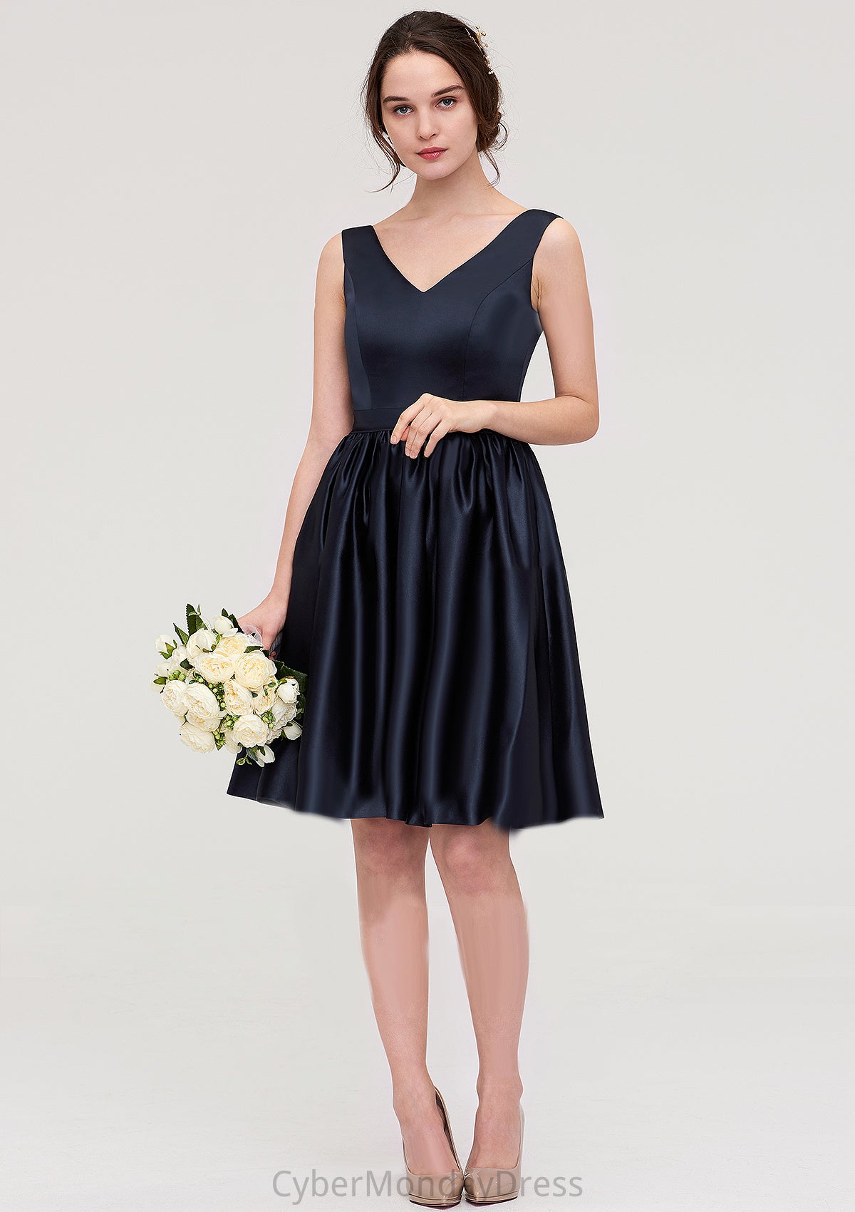 V Neck Sleeveless A-line/Princess Knee-Length Satin Bridesmaid Dresses With Pleated Kaylie DTP0025433