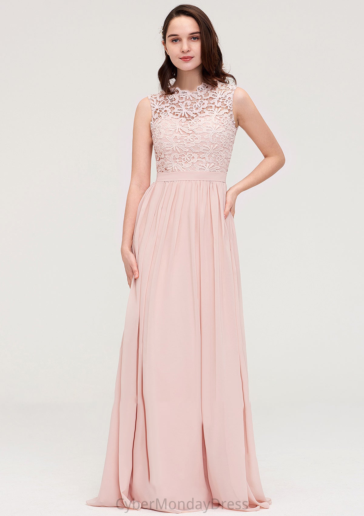 Sleeveless Scalloped Neck Long/Floor-Length Chiffon A-line/Princess Bridesmaid Dresses With Lace Gillian DTP0025434