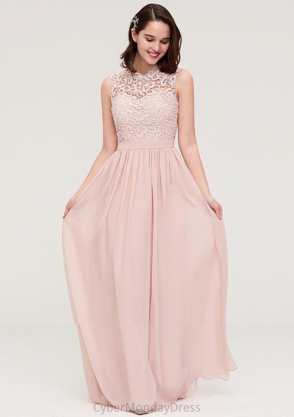 Sleeveless Scalloped Neck Long/Floor-Length Chiffon A-line/Princess Bridesmaid Dresses With Lace Gillian DTP0025434