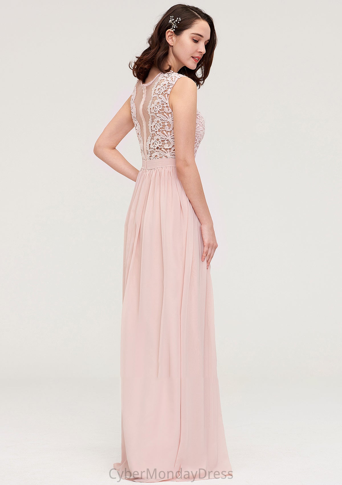 Sleeveless Scalloped Neck Long/Floor-Length Chiffon A-line/Princess Bridesmaid Dresses With Lace Gillian DTP0025434