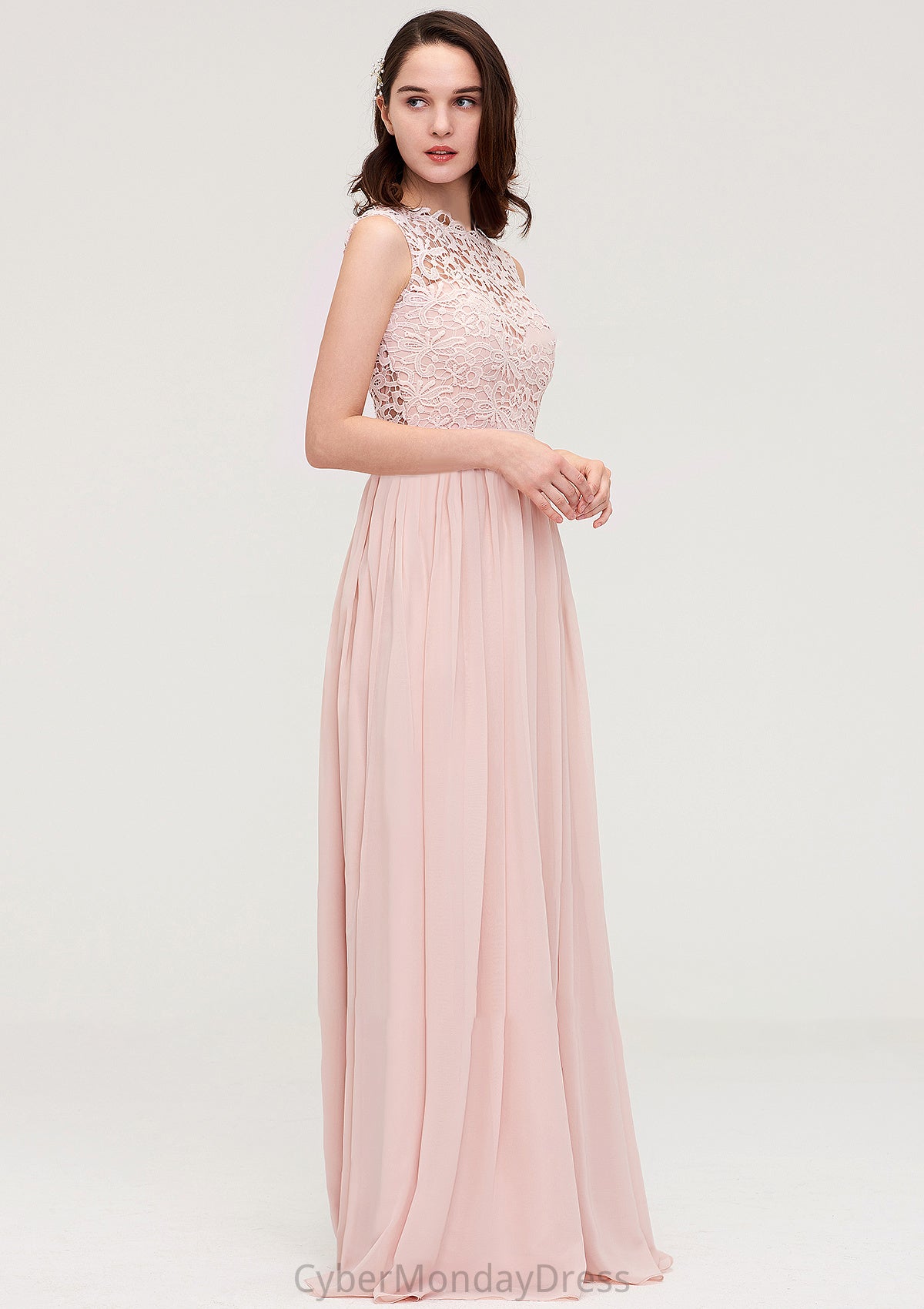 Sleeveless Scalloped Neck Long/Floor-Length Chiffon A-line/Princess Bridesmaid Dresses With Lace Gillian DTP0025434