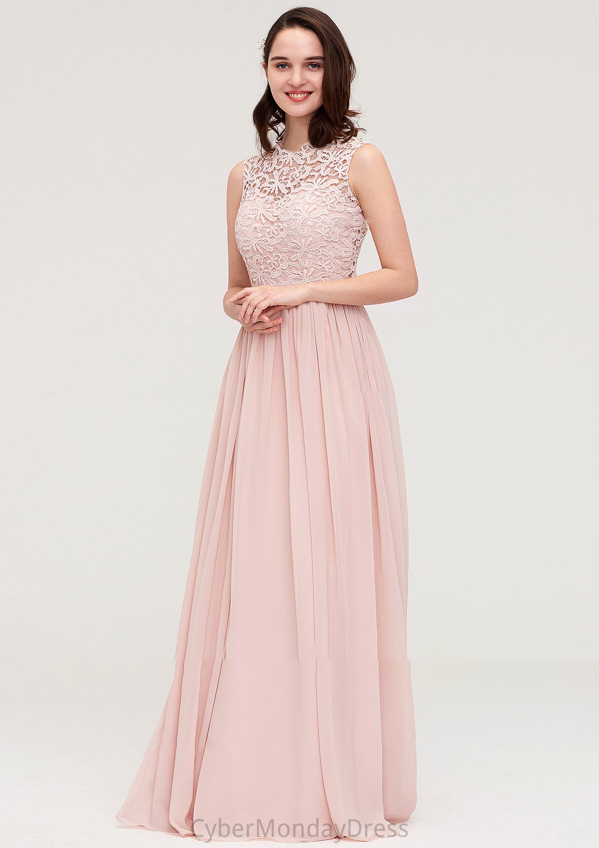 Sleeveless Scalloped Neck Long/Floor-Length Chiffon A-line/Princess Bridesmaid Dresses With Lace Gillian DTP0025434