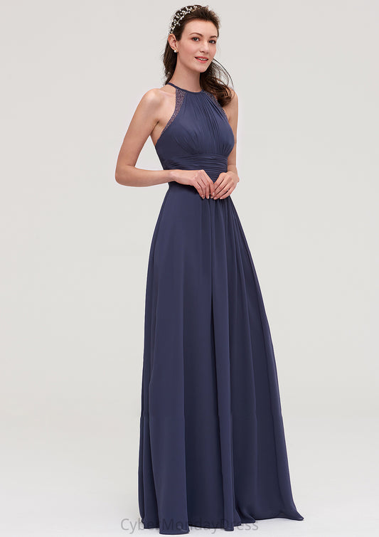 Scoop Neck Sleeveless A-line/Princess Chiffon Long/Floor-Length Bridesmaid Dresseses With Pleated Appliqued Miriam DTP0025439