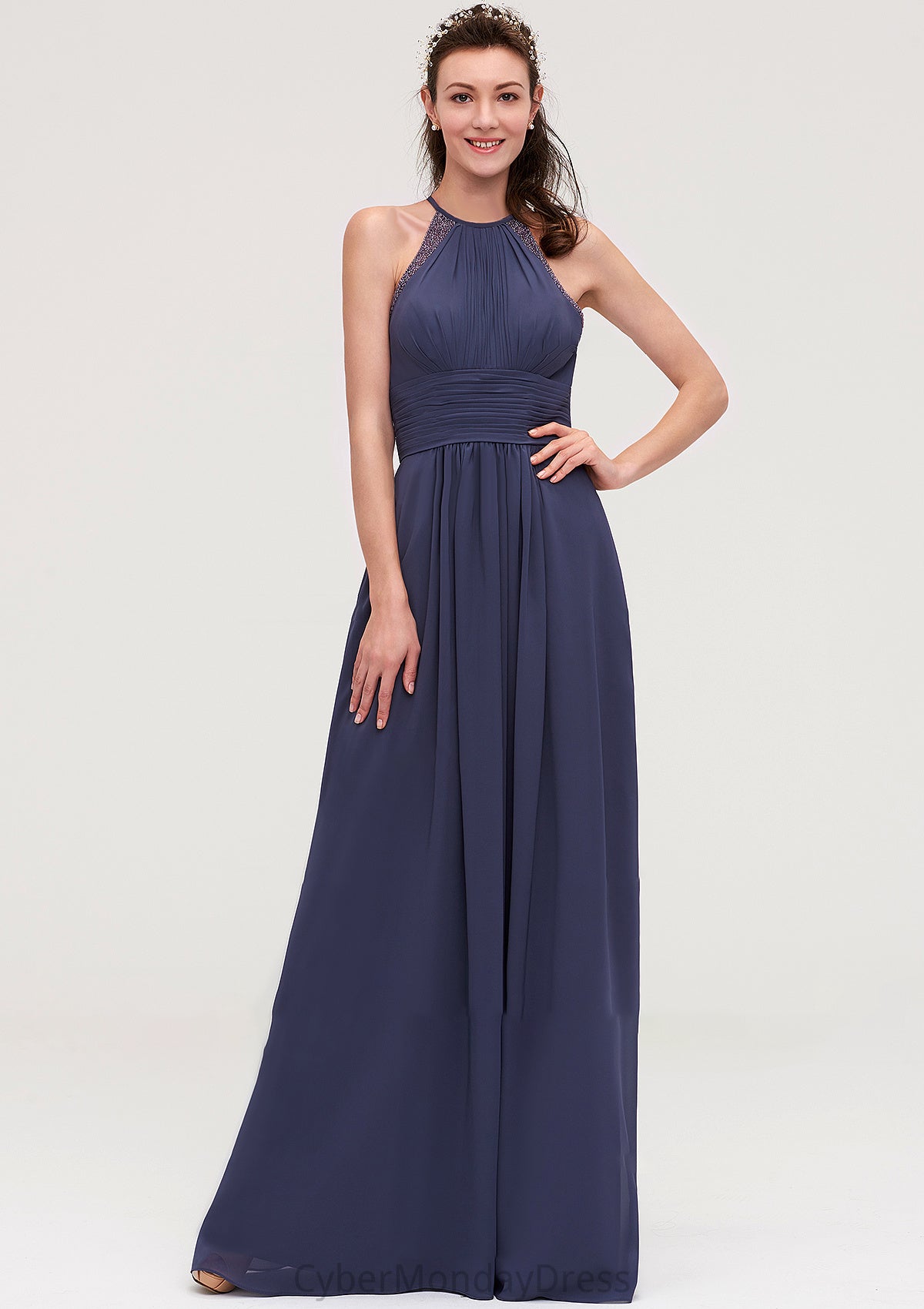 Scoop Neck Sleeveless A-line/Princess Chiffon Long/Floor-Length Bridesmaid Dresseses With Pleated Appliqued Miriam DTP0025439