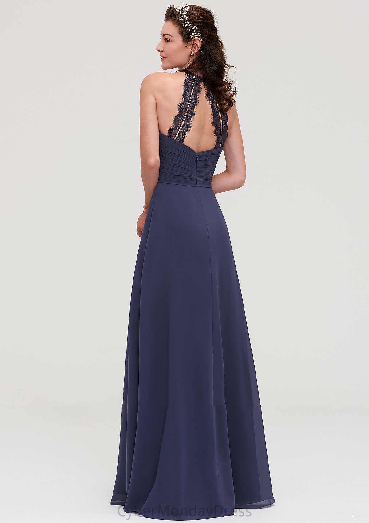 Scoop Neck Sleeveless A-line/Princess Chiffon Long/Floor-Length Bridesmaid Dresseses With Pleated Appliqued Miriam DTP0025439