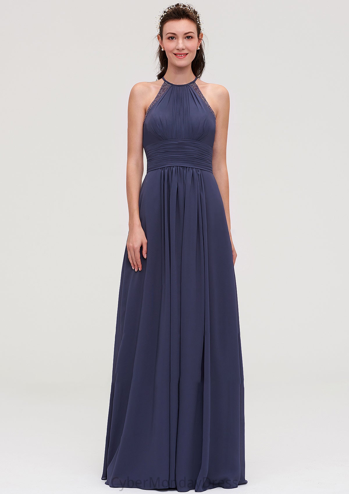 Scoop Neck Sleeveless A-line/Princess Chiffon Long/Floor-Length Bridesmaid Dresseses With Pleated Appliqued Miriam DTP0025439