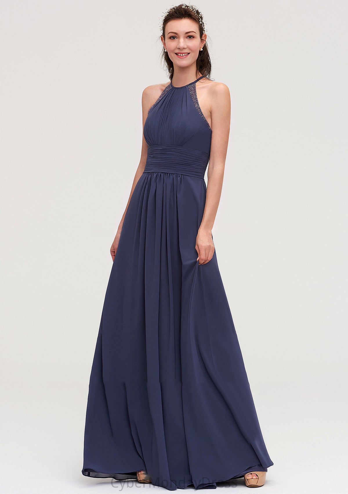 Scoop Neck Sleeveless A-line/Princess Chiffon Long/Floor-Length Bridesmaid Dresseses With Pleated Appliqued Miriam DTP0025439