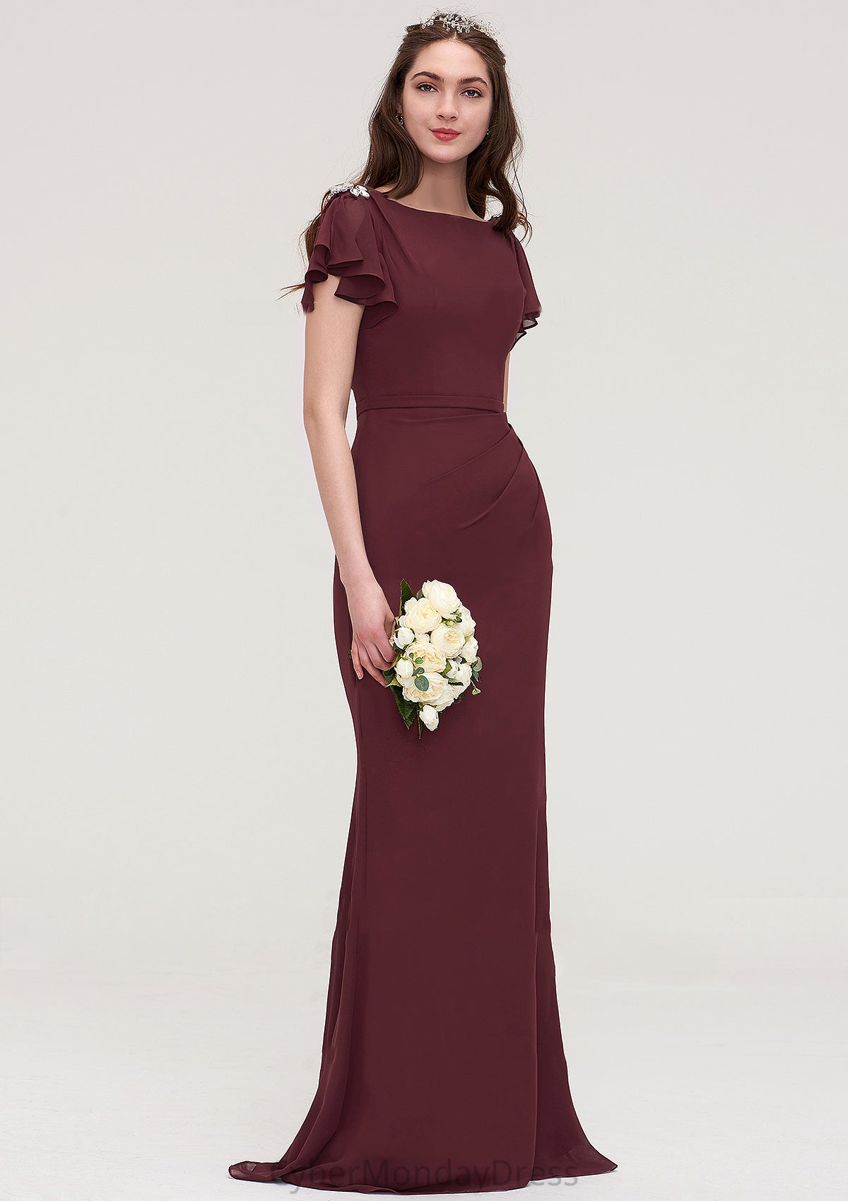 Short Sleeve Bateau Long/Floor-Length Sheath/Column Chiffon Bridesmaid Dresses With Crystal Detailing Sashes Marley DTP0025440