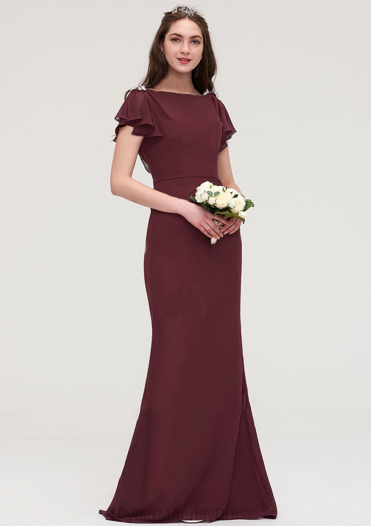 Short Sleeve Bateau Long/Floor-Length Sheath/Column Chiffon Bridesmaid Dresses With Crystal Detailing Sashes Marley DTP0025440