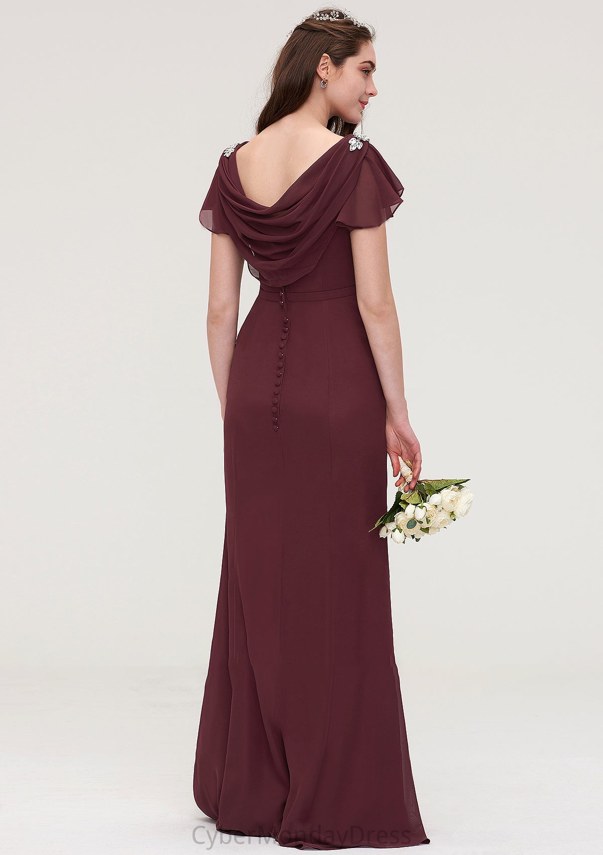 Short Sleeve Bateau Long/Floor-Length Sheath/Column Chiffon Bridesmaid Dresses With Crystal Detailing Sashes Marley DTP0025440