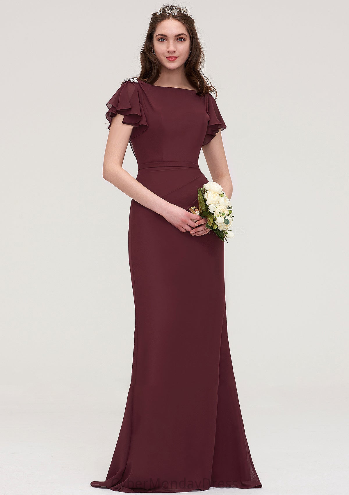 Short Sleeve Bateau Long/Floor-Length Sheath/Column Chiffon Bridesmaid Dresses With Crystal Detailing Sashes Marley DTP0025440