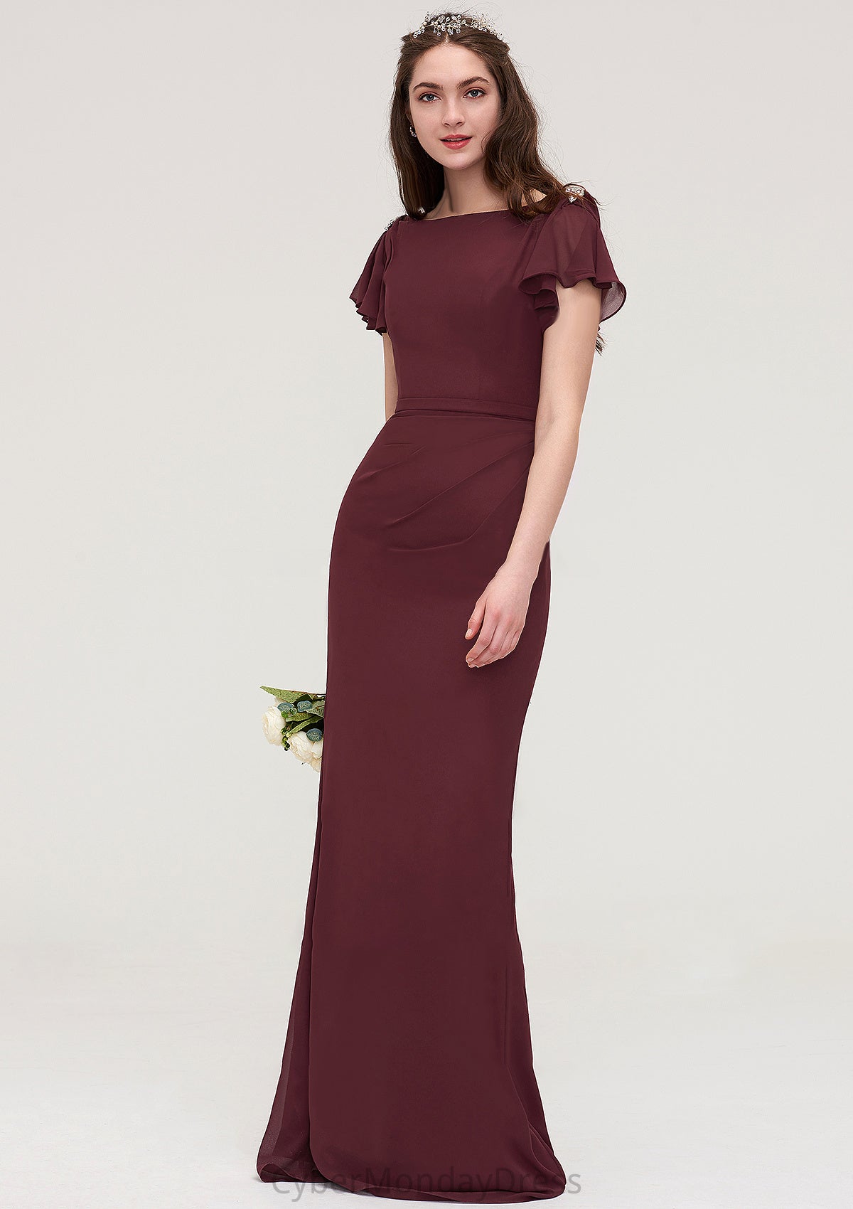 Short Sleeve Bateau Long/Floor-Length Sheath/Column Chiffon Bridesmaid Dresses With Crystal Detailing Sashes Marley DTP0025440