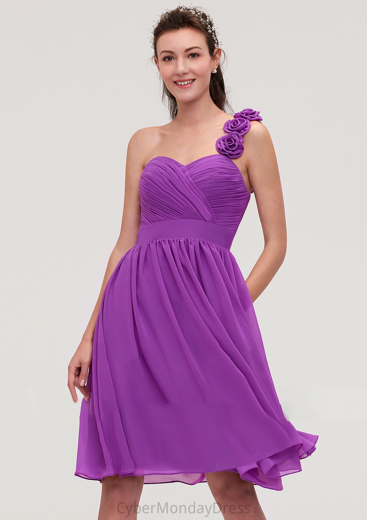 One-Shoulder Sleeveless Knee-Length Chiffon A-line/Princess Bridesmaid Dresseses With Pleated Flowers Eve DTP0025441