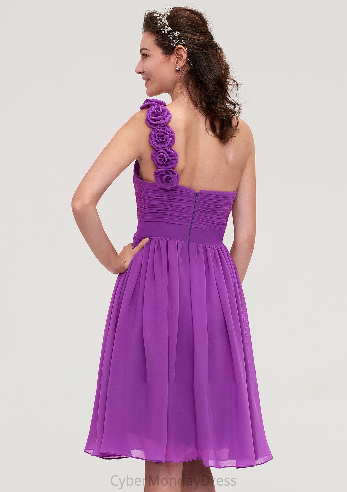 One-Shoulder Sleeveless Knee-Length Chiffon A-line/Princess Bridesmaid Dresseses With Pleated Flowers Eve DTP0025441