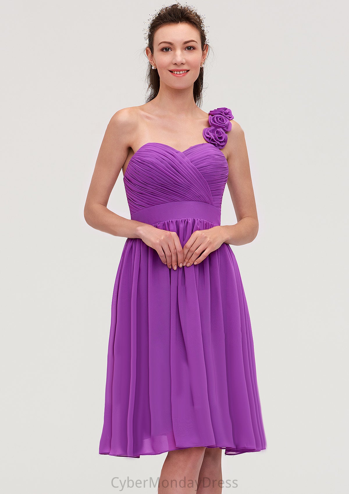 One-Shoulder Sleeveless Knee-Length Chiffon A-line/Princess Bridesmaid Dresseses With Pleated Flowers Eve DTP0025441