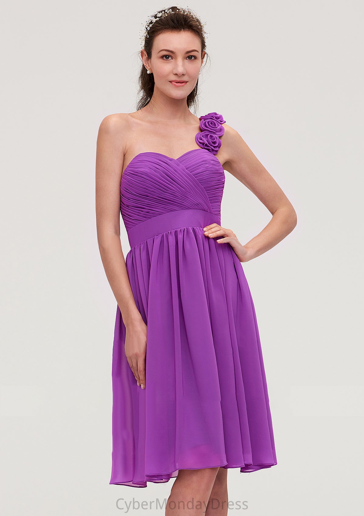 One-Shoulder Sleeveless Knee-Length Chiffon A-line/Princess Bridesmaid Dresseses With Pleated Flowers Eve DTP0025441