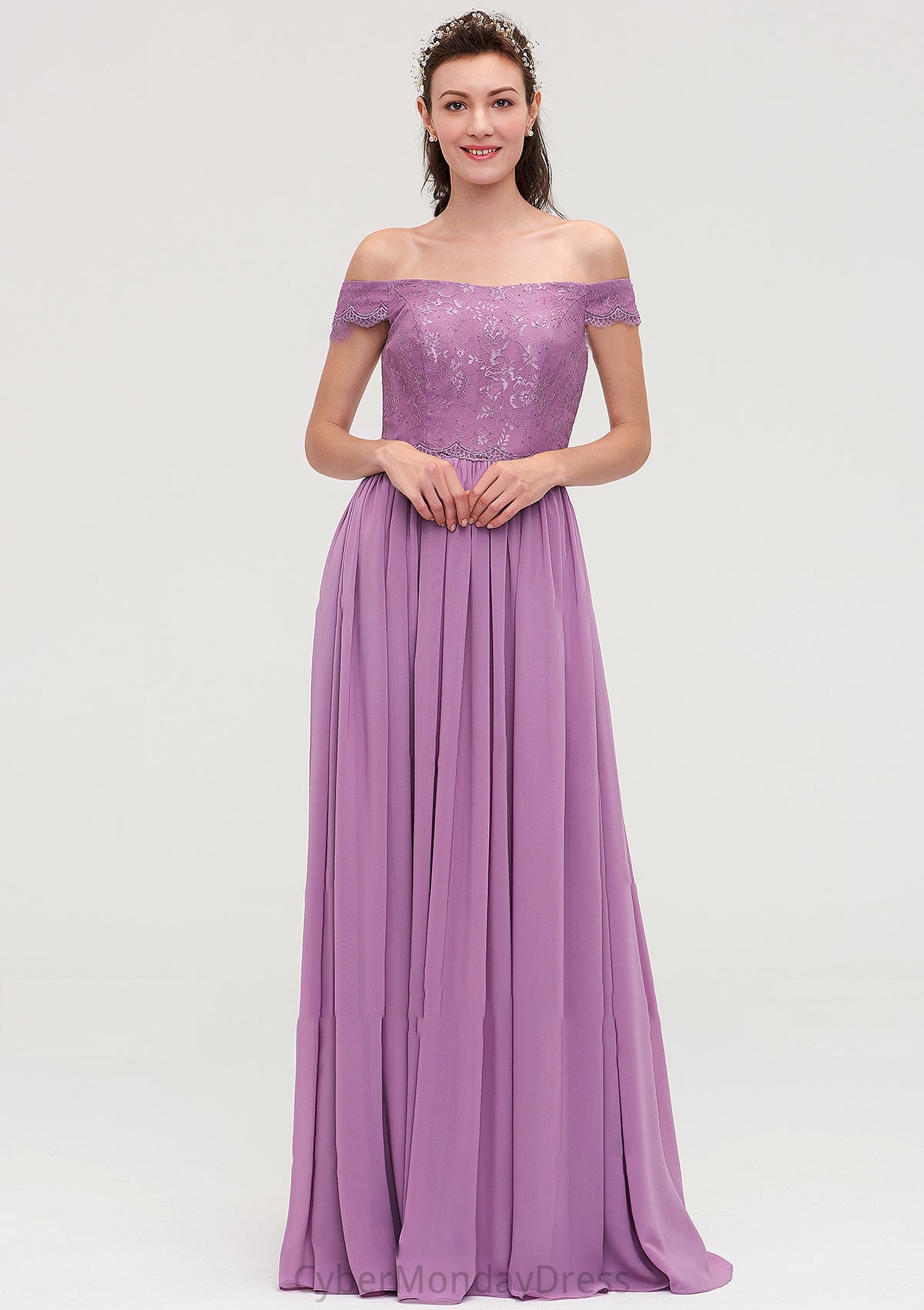 Sleeveless Off-the-Shoulder Long/Floor-Length Chiffon A-line/Princess Bridesmaid Dresseses With Appliqued Philippa DTP0025442