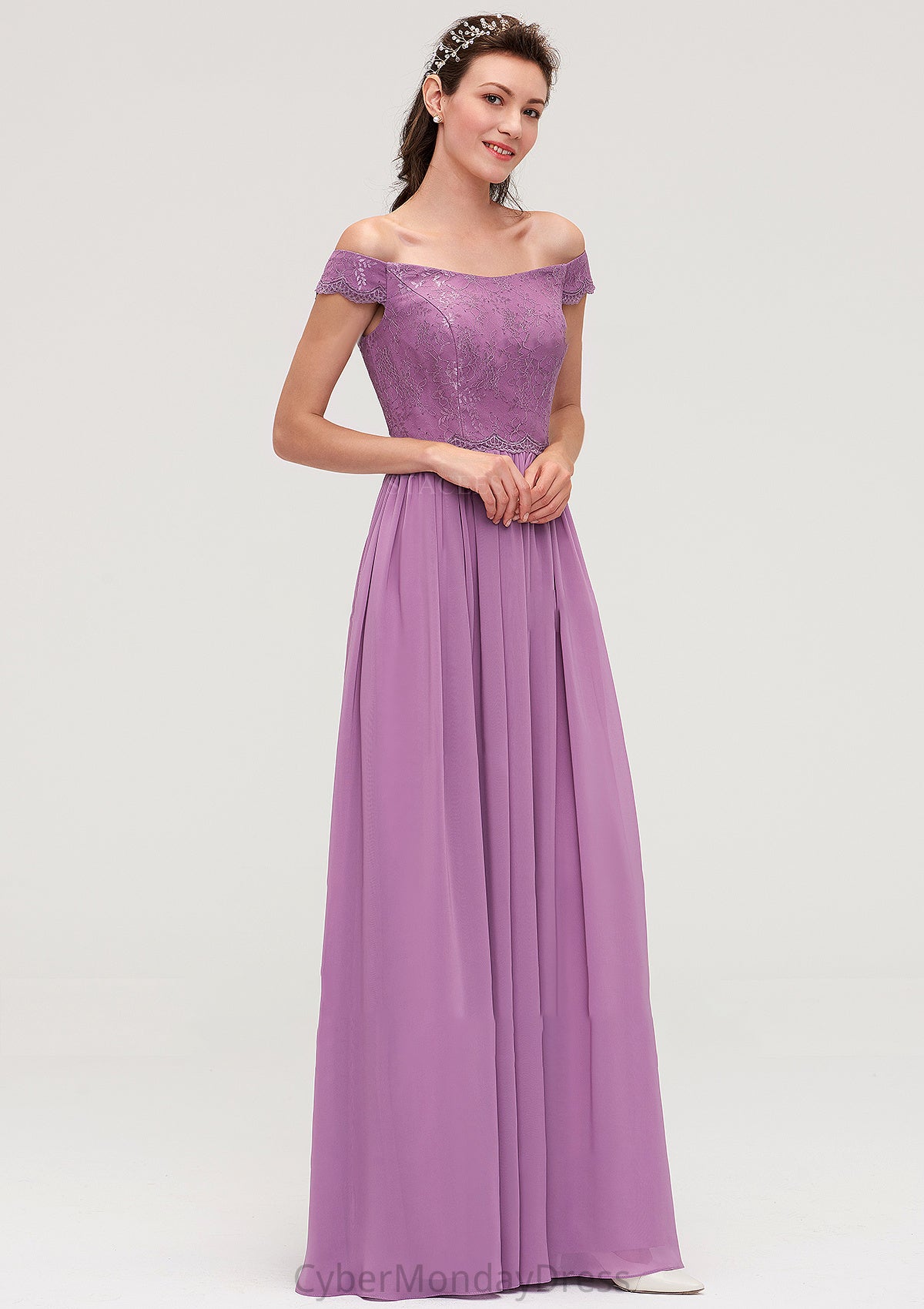 Sleeveless Off-the-Shoulder Long/Floor-Length Chiffon A-line/Princess Bridesmaid Dresseses With Appliqued Philippa DTP0025442