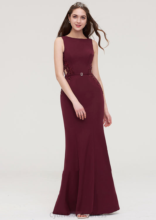 Bateau Sleeveless Sheath/Column Long/Floor-Length Elastic Satin Bridesmaid Dresses With Waistband Lace Sequins Winnie DTP0025443