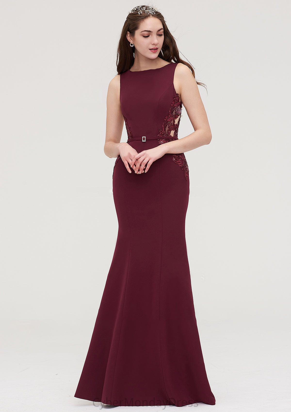 Bateau Sleeveless Sheath/Column Long/Floor-Length Elastic Satin Bridesmaid Dresses With Waistband Lace Sequins Winnie DTP0025443