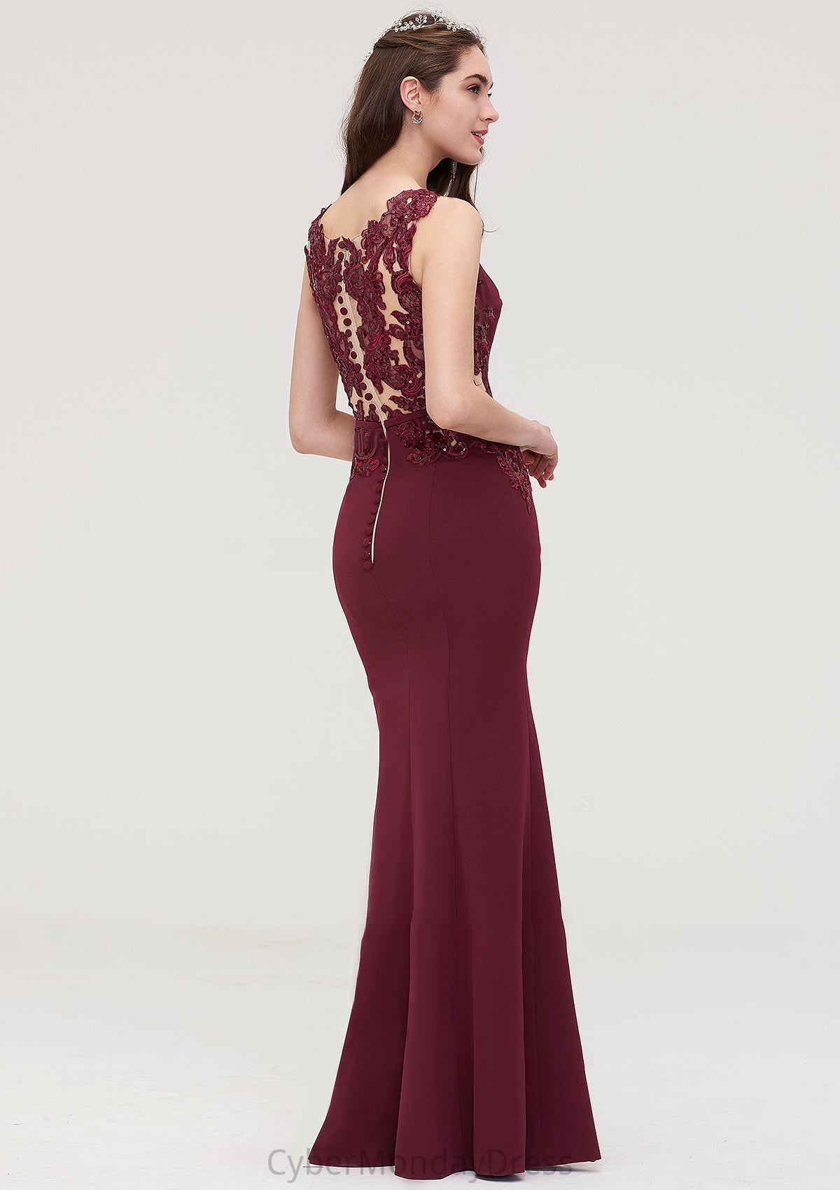 Bateau Sleeveless Sheath/Column Long/Floor-Length Elastic Satin Bridesmaid Dresses With Waistband Lace Sequins Winnie DTP0025443