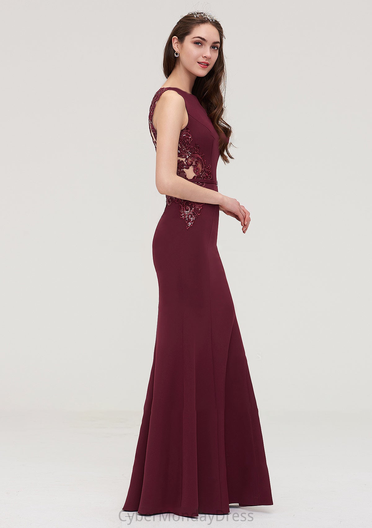 Bateau Sleeveless Sheath/Column Long/Floor-Length Elastic Satin Bridesmaid Dresses With Waistband Lace Sequins Winnie DTP0025443