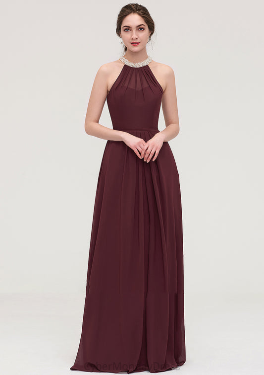 Sleeveless Halter Long/Floor-Length Chiffon A-line/Princess Bridesmaid Dresses With Beading Pleated Sue DTP0025445