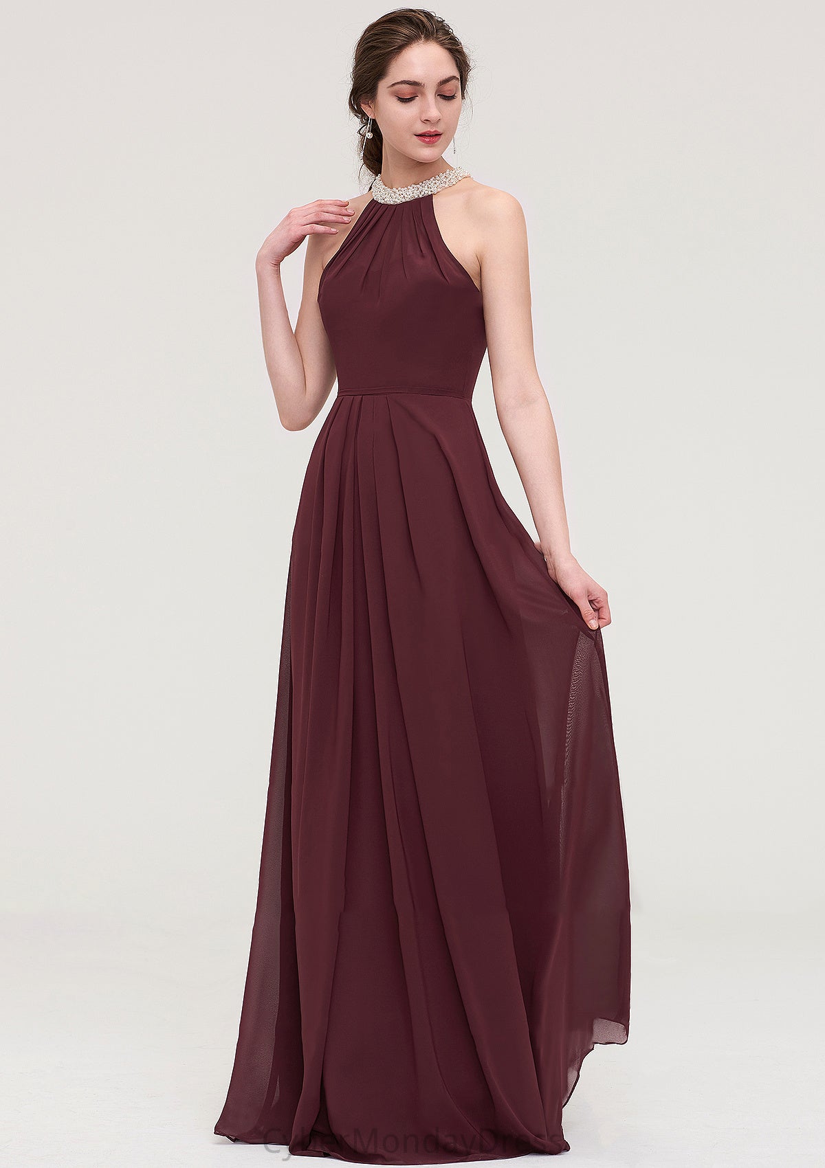 Sleeveless Halter Long/Floor-Length Chiffon A-line/Princess Bridesmaid Dresses With Beading Pleated Sue DTP0025445