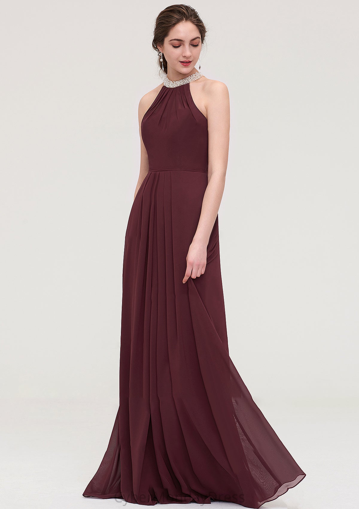 Sleeveless Halter Long/Floor-Length Chiffon A-line/Princess Bridesmaid Dresses With Beading Pleated Sue DTP0025445