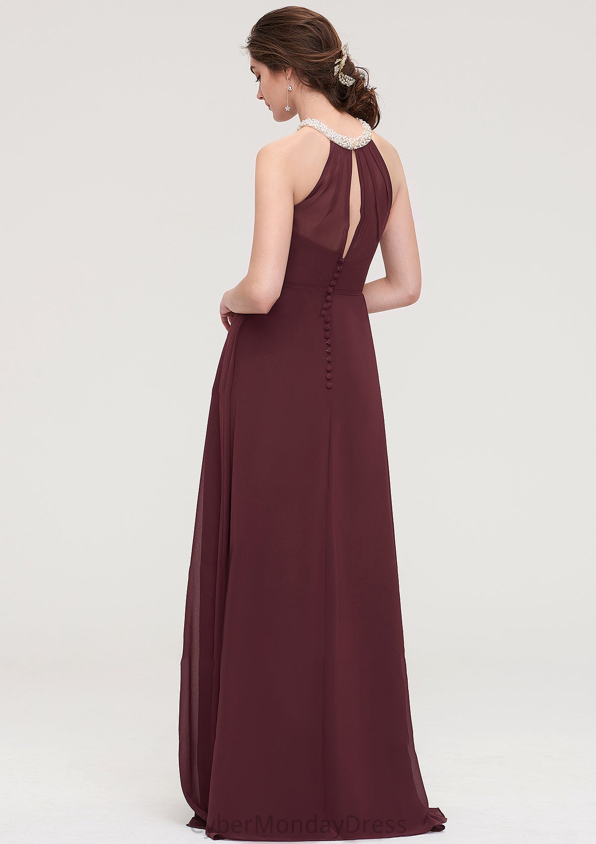 Sleeveless Halter Long/Floor-Length Chiffon A-line/Princess Bridesmaid Dresses With Beading Pleated Sue DTP0025445