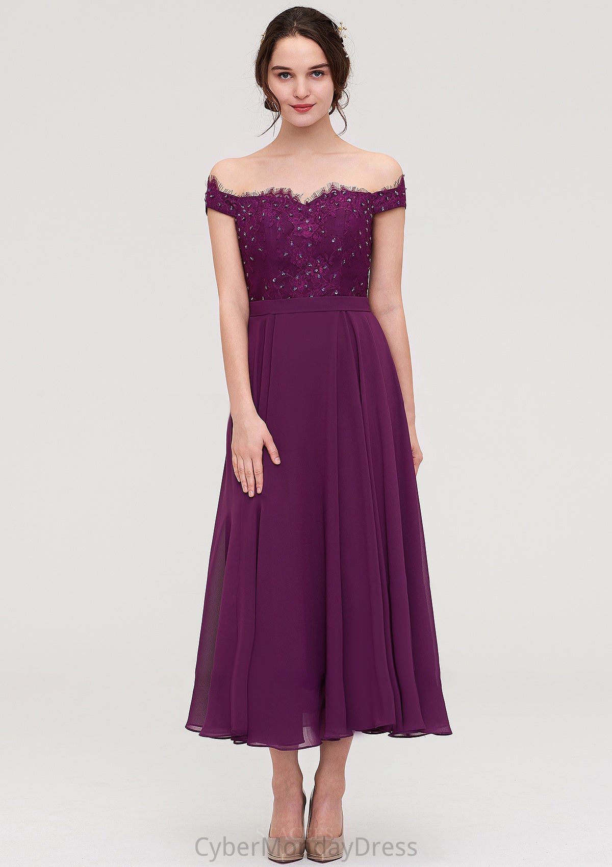 Off-the-Shoulder Sleeveless Tea-Length Chiffon A-line/Princess Bridesmaid Dresses With Lace Beading Kianna DTP0025446