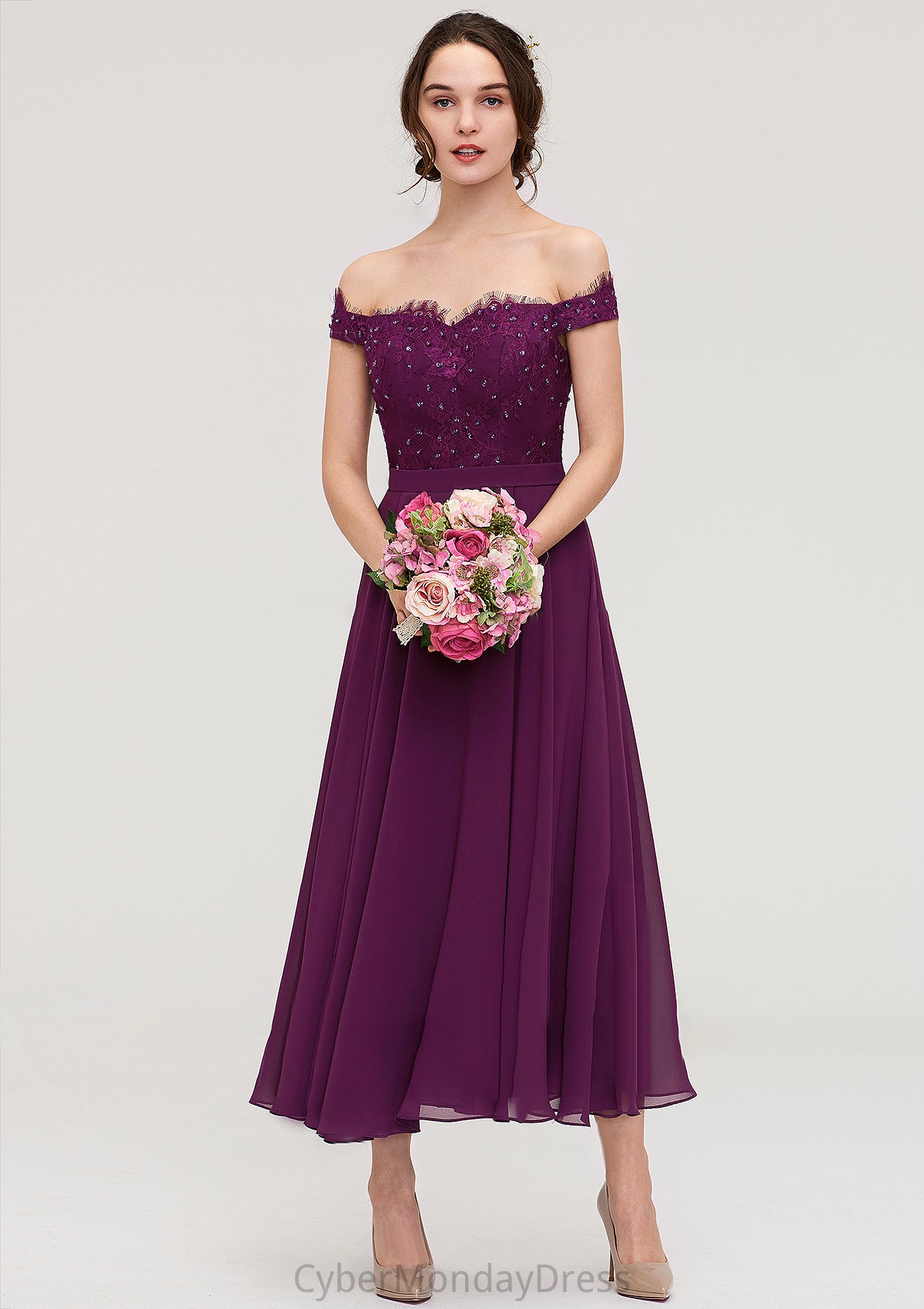 Off-the-Shoulder Sleeveless Tea-Length Chiffon A-line/Princess Bridesmaid Dresses With Lace Beading Kianna DTP0025446