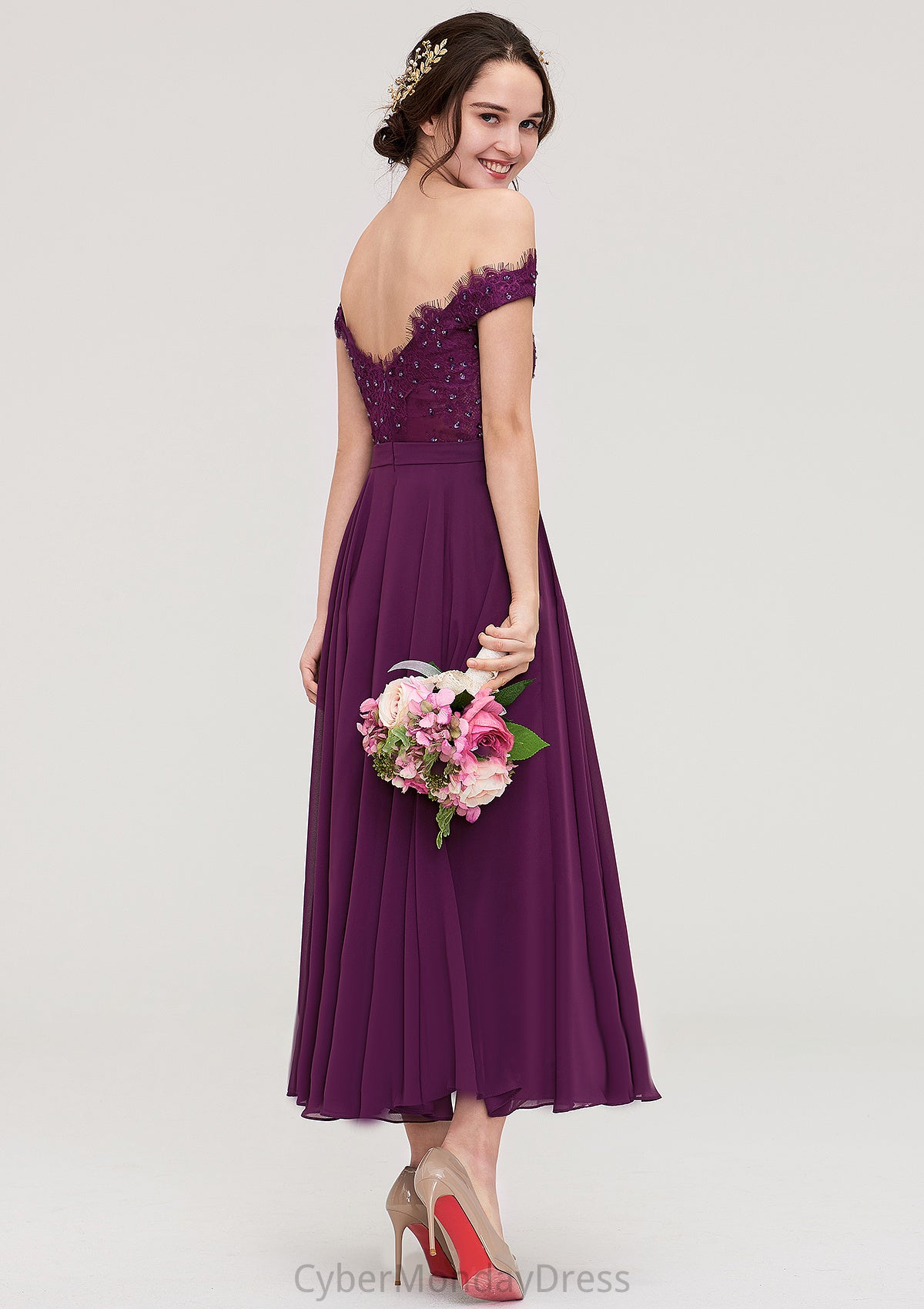 Off-the-Shoulder Sleeveless Tea-Length Chiffon A-line/Princess Bridesmaid Dresses With Lace Beading Kianna DTP0025446