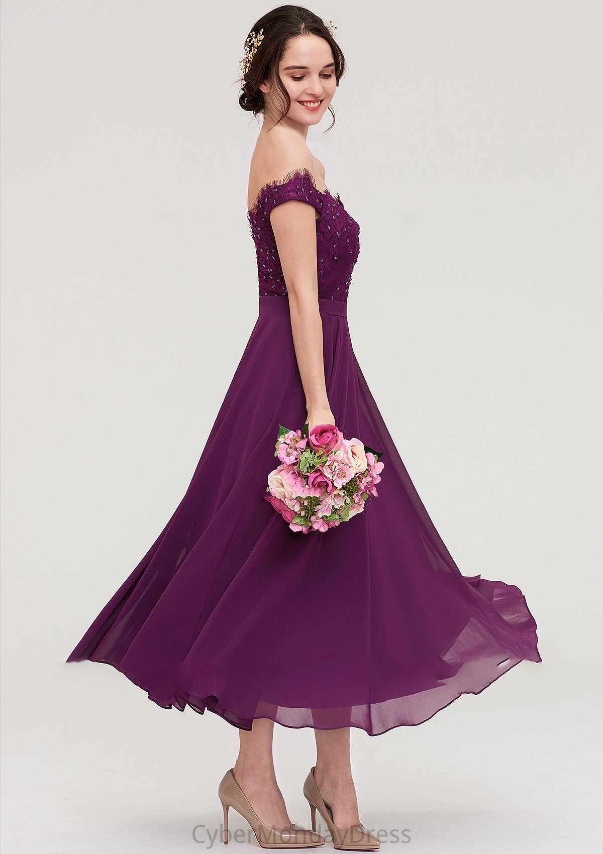 Off-the-Shoulder Sleeveless Tea-Length Chiffon A-line/Princess Bridesmaid Dresses With Lace Beading Kianna DTP0025446