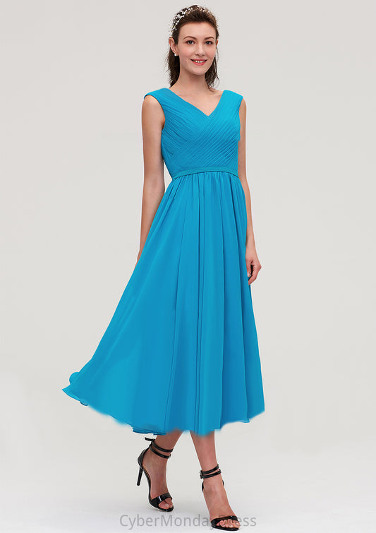 Sleeveless V Neck Tea-Length Chiffon A-line/Princess Bridesmaid Dresseses With Pleated Ingrid DTP0025448