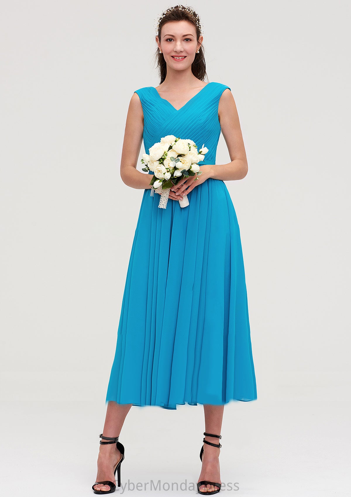 Sleeveless V Neck Tea-Length Chiffon A-line/Princess Bridesmaid Dresseses With Pleated Ingrid DTP0025448