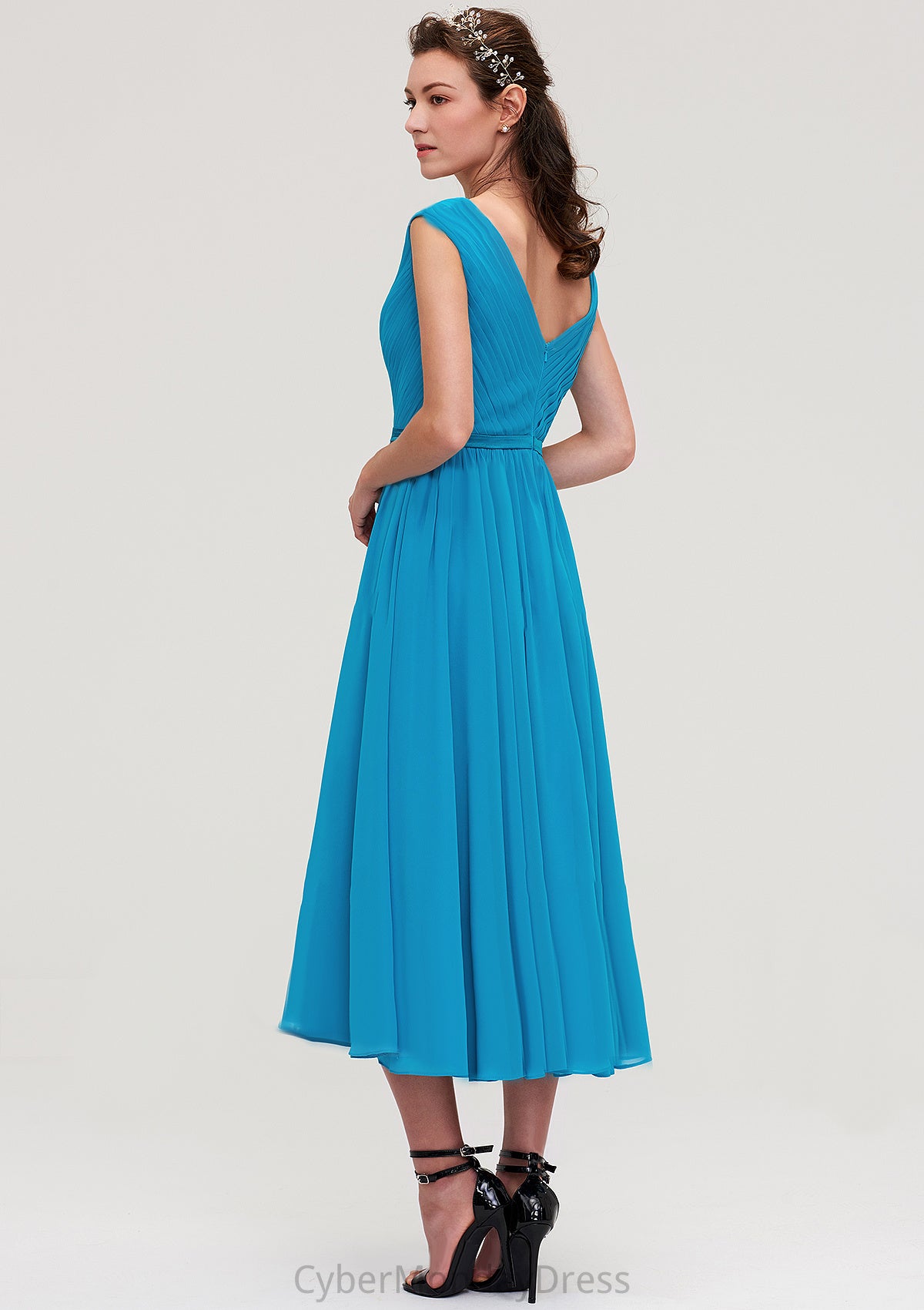 Sleeveless V Neck Tea-Length Chiffon A-line/Princess Bridesmaid Dresseses With Pleated Ingrid DTP0025448