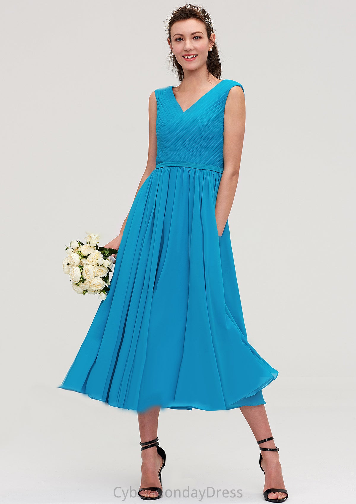 Sleeveless V Neck Tea-Length Chiffon A-line/Princess Bridesmaid Dresseses With Pleated Ingrid DTP0025448