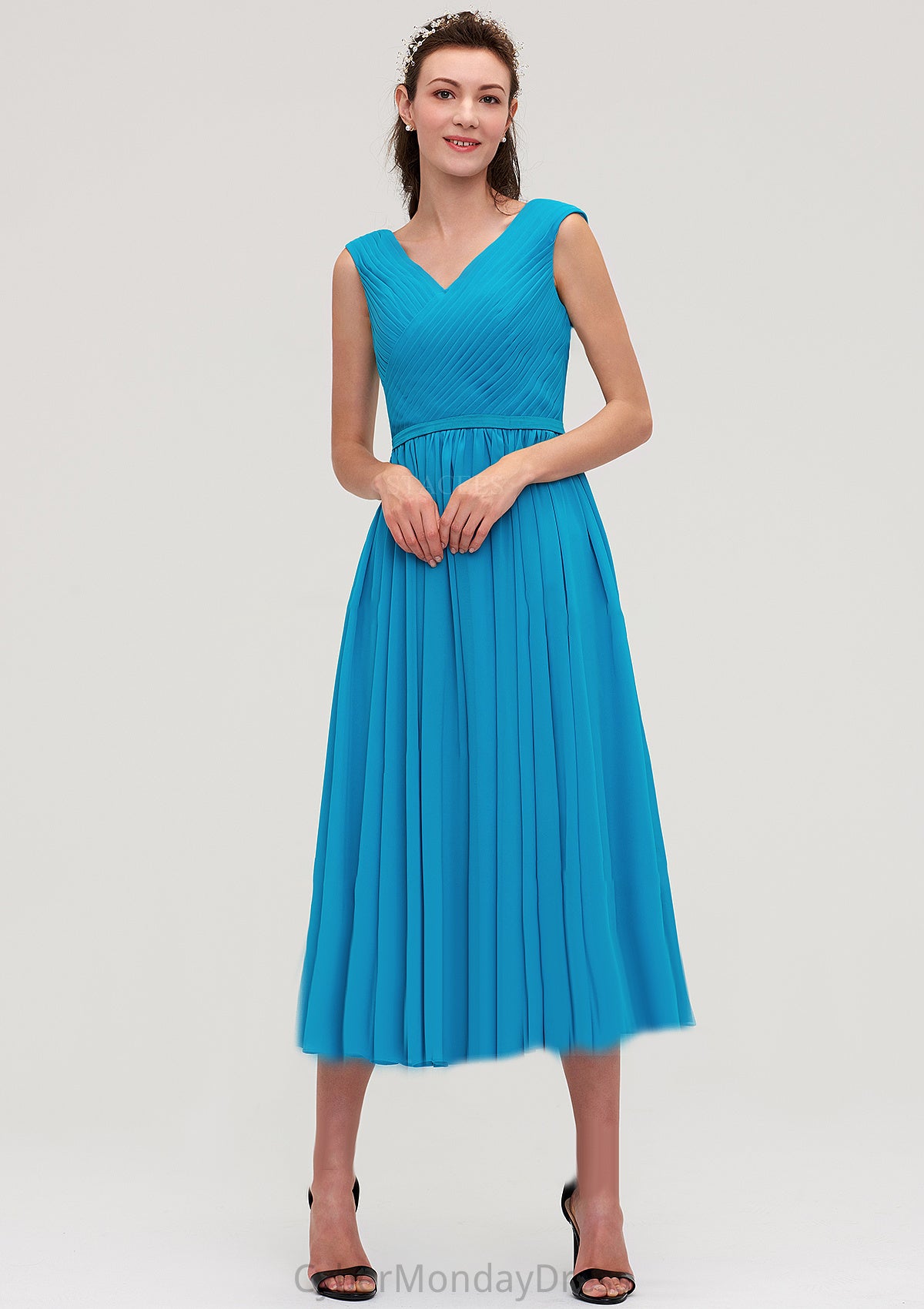 Sleeveless V Neck Tea-Length Chiffon A-line/Princess Bridesmaid Dresseses With Pleated Ingrid DTP0025448