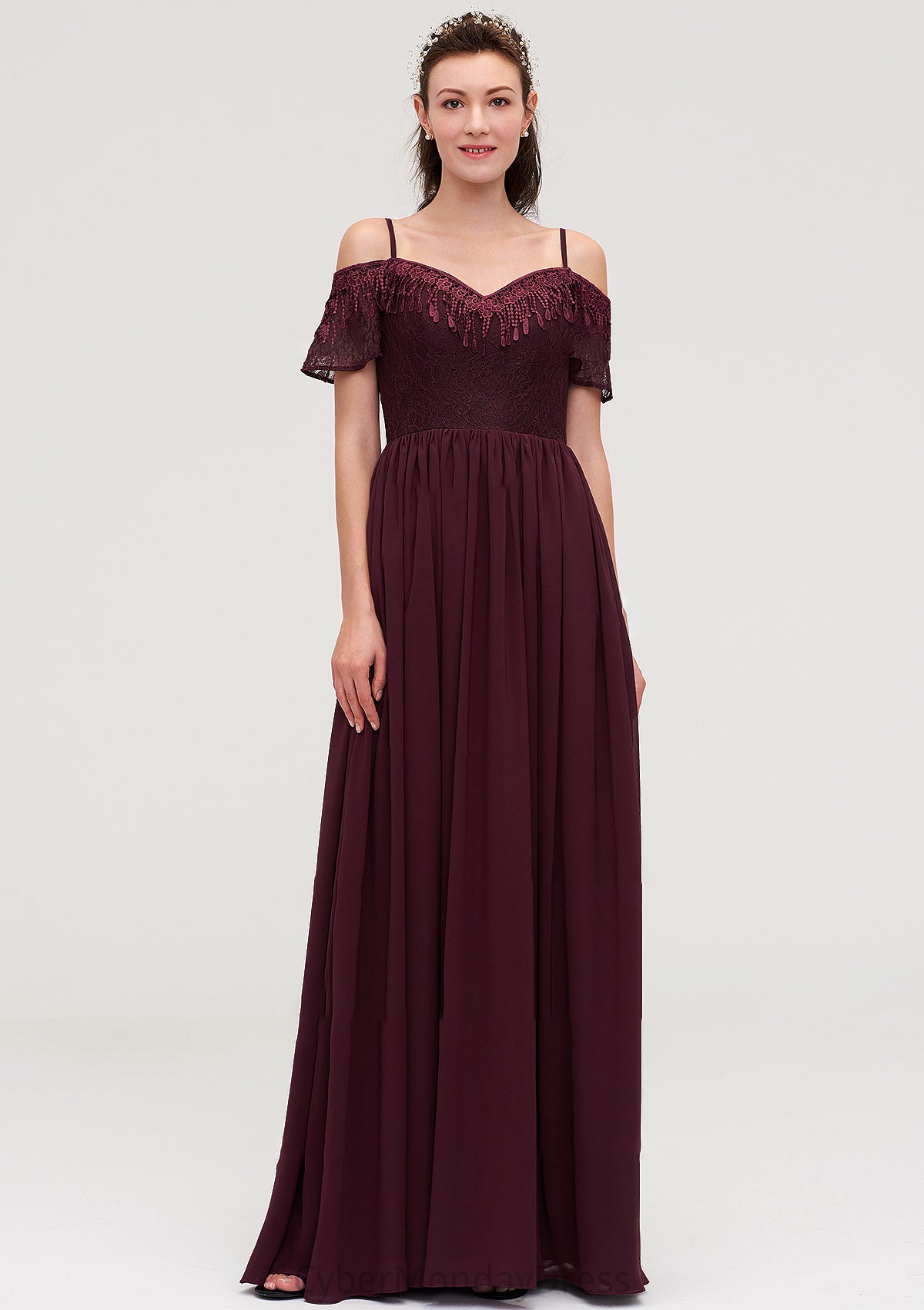 Off-the-Shoulder Sleeveless Chiffon A-line/Princess Long/Floor-Length Bridesmaid Dresseses With Lace Ali DTP0025449