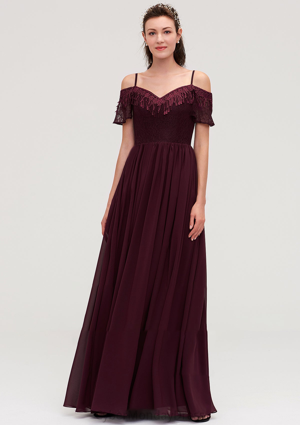 Off-the-Shoulder Sleeveless Chiffon A-line/Princess Long/Floor-Length Bridesmaid Dresseses With Lace Ali DTP0025449