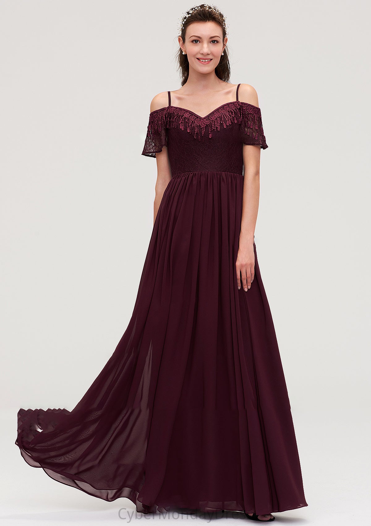 Off-the-Shoulder Sleeveless Chiffon A-line/Princess Long/Floor-Length Bridesmaid Dresseses With Lace Ali DTP0025449