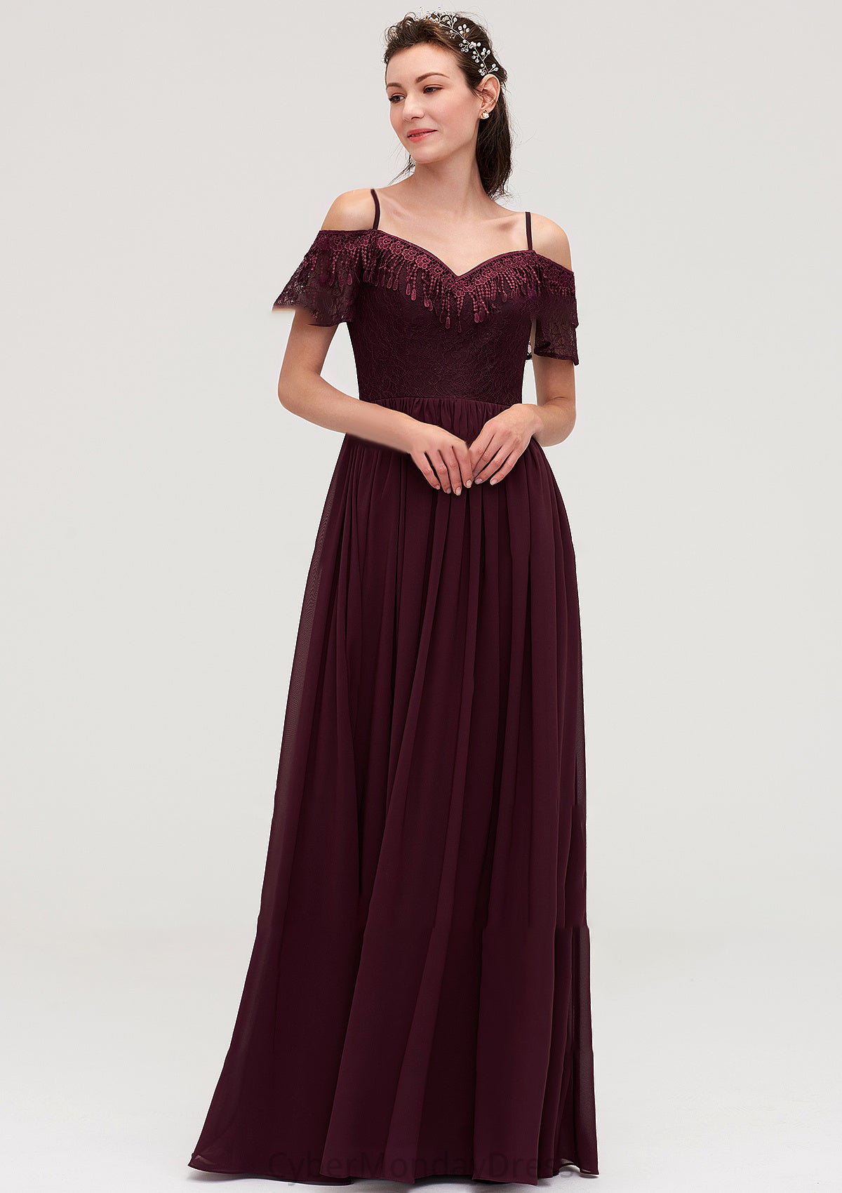 Off-the-Shoulder Sleeveless Chiffon A-line/Princess Long/Floor-Length Bridesmaid Dresseses With Lace Ali DTP0025449