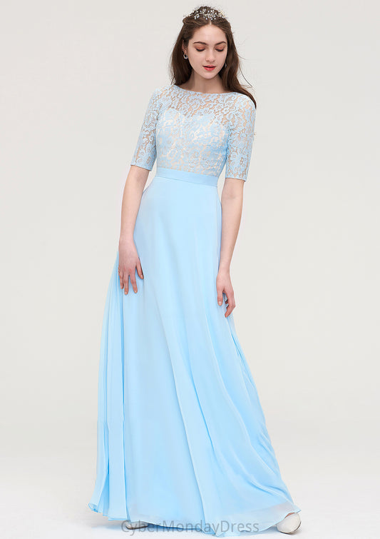 Half Sleeve Long/Floor-Length Bateau Chiffon A-line/Princess Bridesmaid Dresses With Lace Cassandra DTP0025450