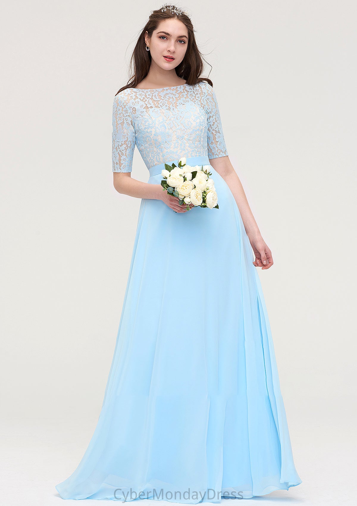 Half Sleeve Long/Floor-Length Bateau Chiffon A-line/Princess Bridesmaid Dresses With Lace Cassandra DTP0025450