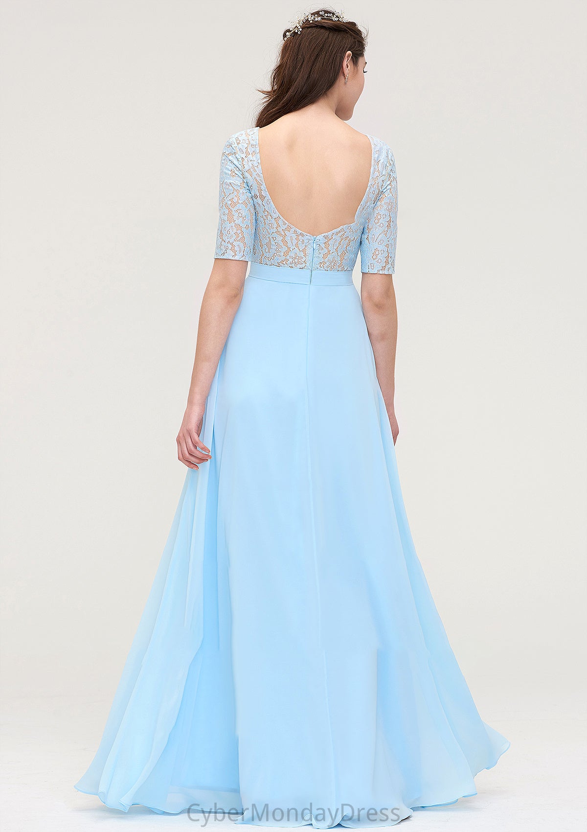 Half Sleeve Long/Floor-Length Bateau Chiffon A-line/Princess Bridesmaid Dresses With Lace Cassandra DTP0025450