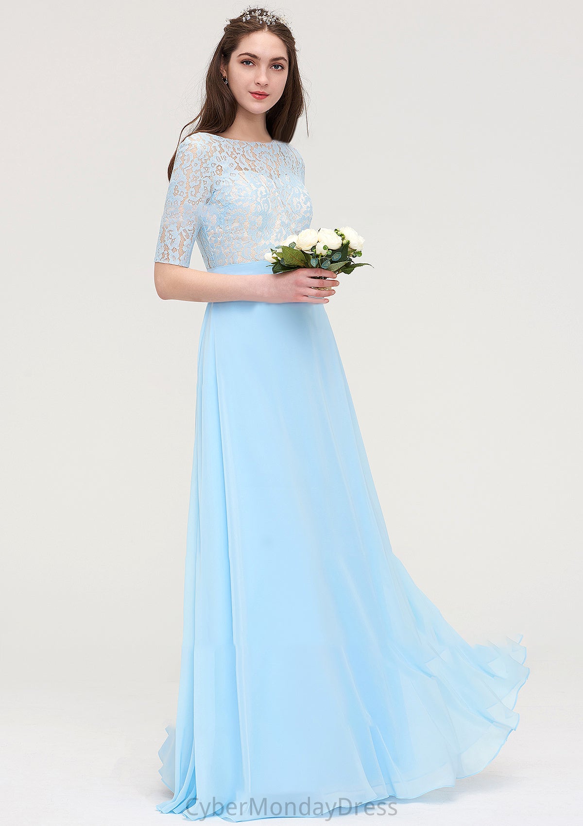 Half Sleeve Long/Floor-Length Bateau Chiffon A-line/Princess Bridesmaid Dresses With Lace Cassandra DTP0025450