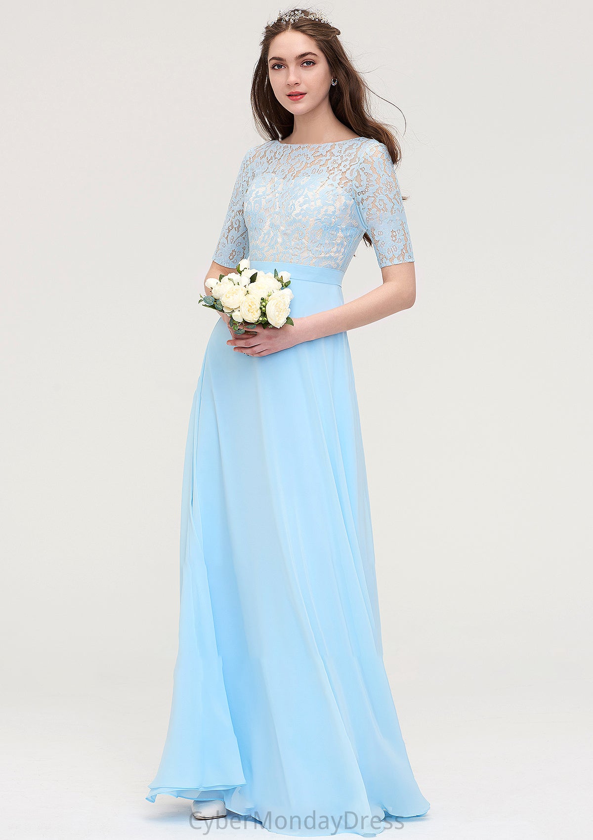 Half Sleeve Long/Floor-Length Bateau Chiffon A-line/Princess Bridesmaid Dresses With Lace Cassandra DTP0025450