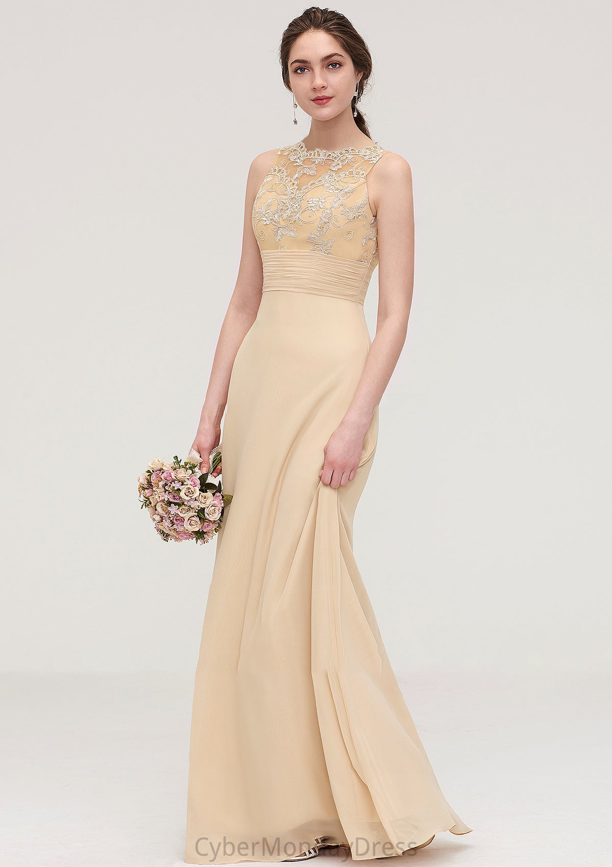 Sleeveless Halter Open Back Long/Floor-Length Sheath/Column Chiffon Bridesmaid Dresses With Pleated Lace Maliyah DTP0025451